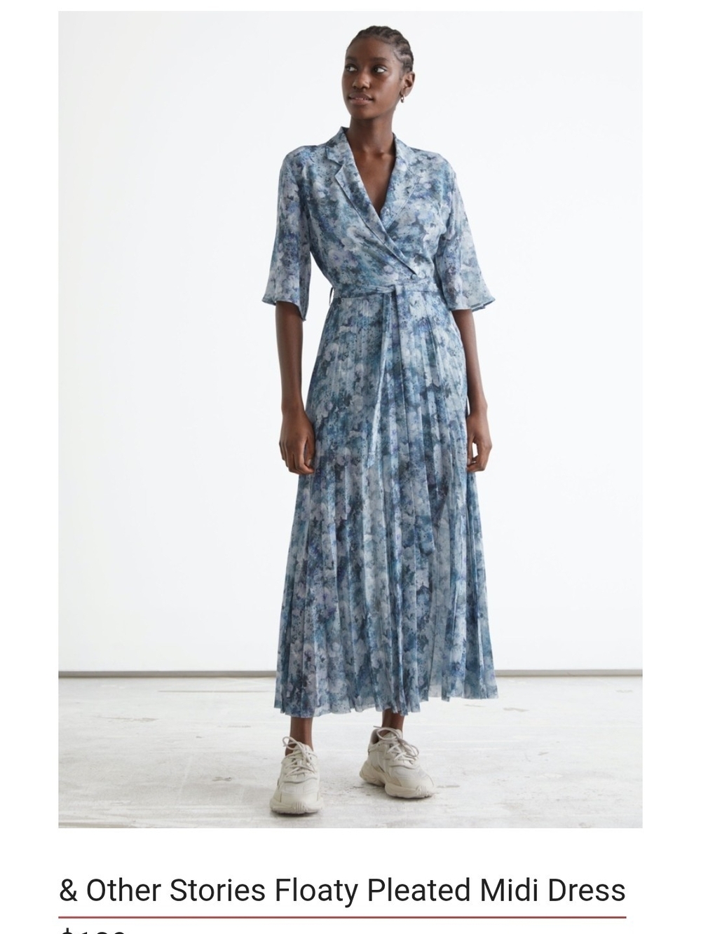 & Other Stories Blue Floral Floaty Pleated Midi Dress